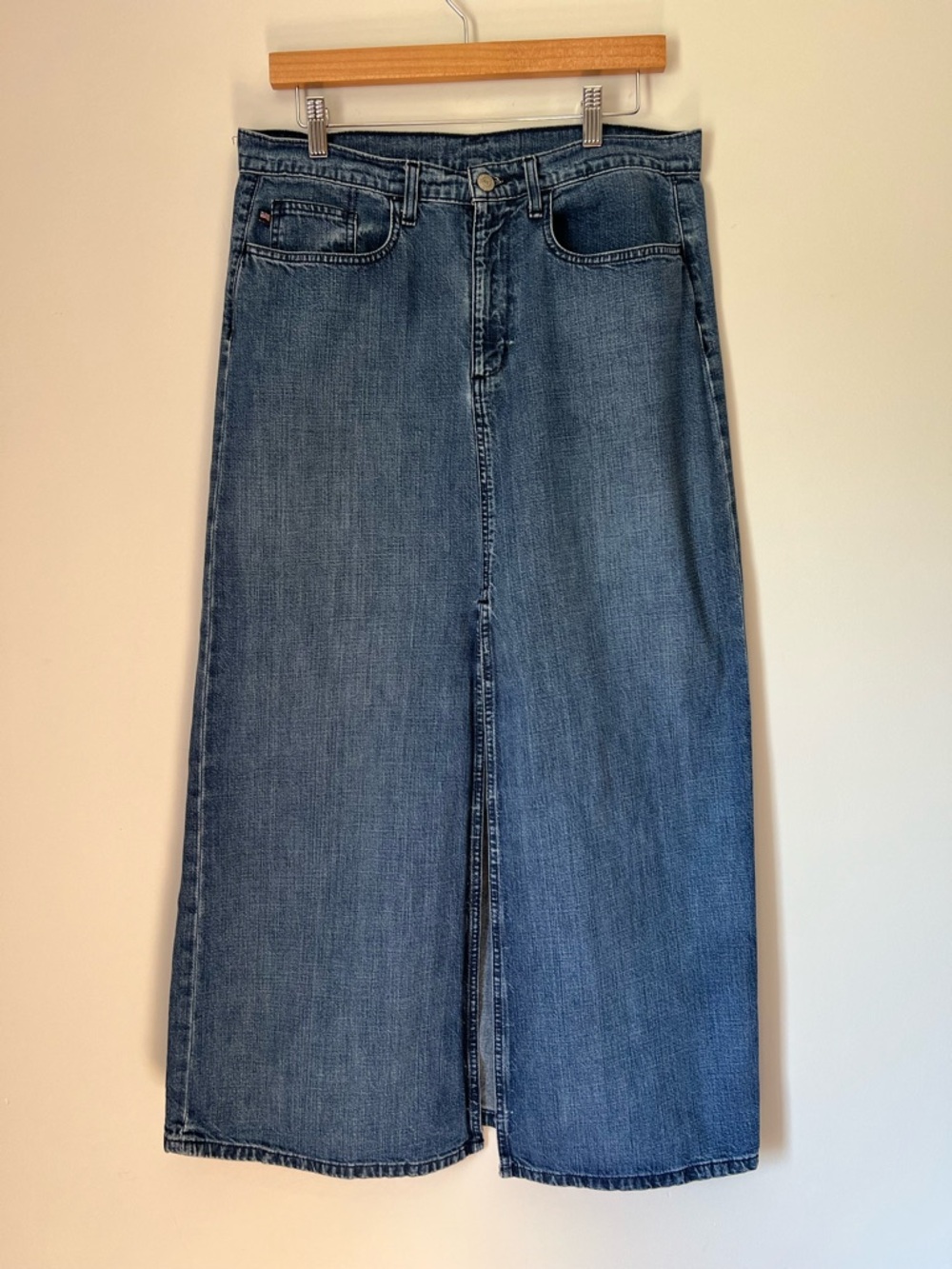US Polo Ralph Lauren Classic Blue Denim Jean Maxi Slit Skirt Detail Back Pocket